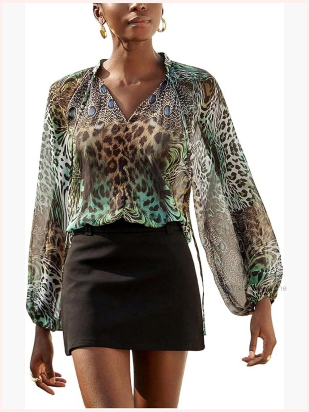 Tie Neck Leopard Chiffon Blouse Bishop Sleeve Oversized Shirt